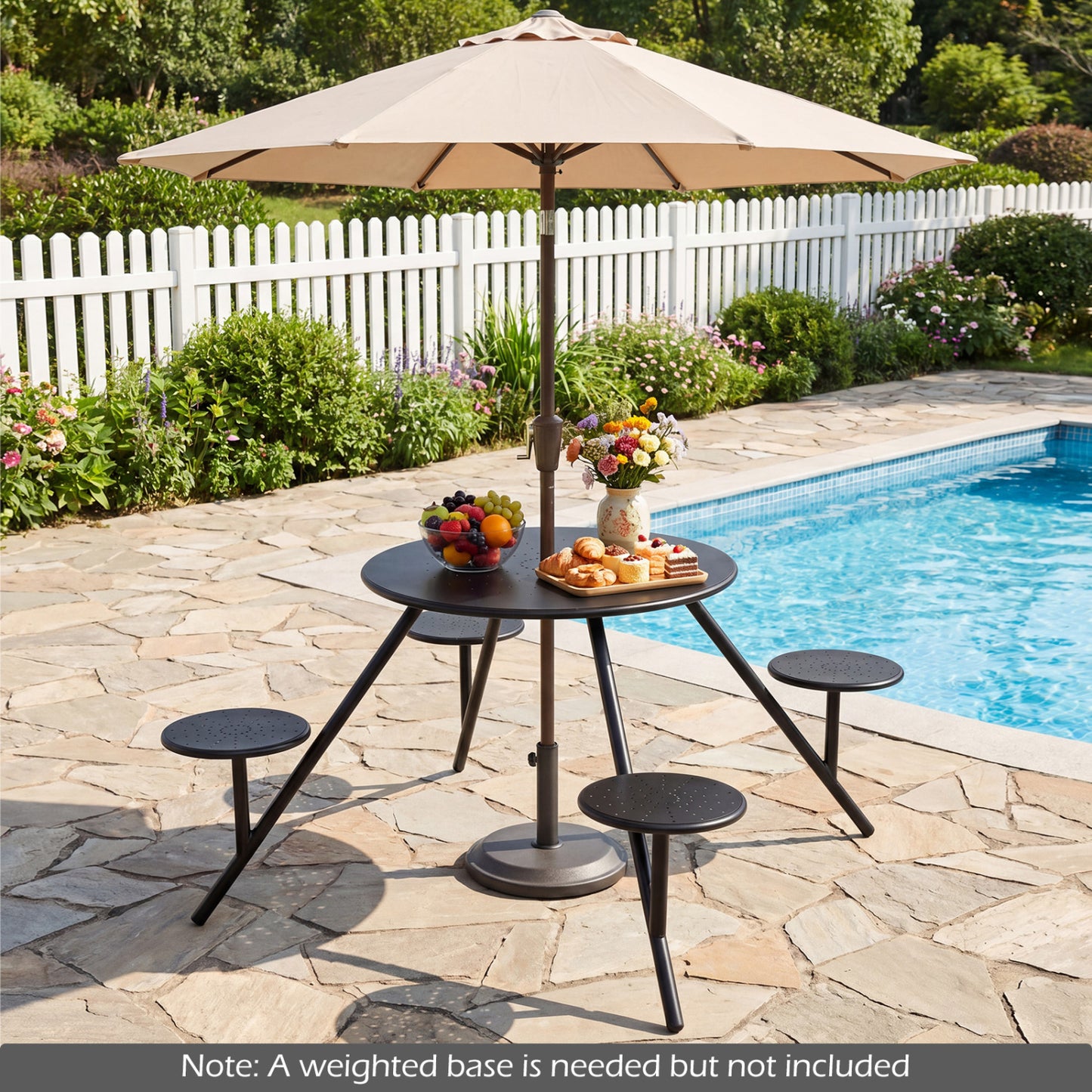 Round Picnic Table for 4 with Umbrella Hole and Iron Seats