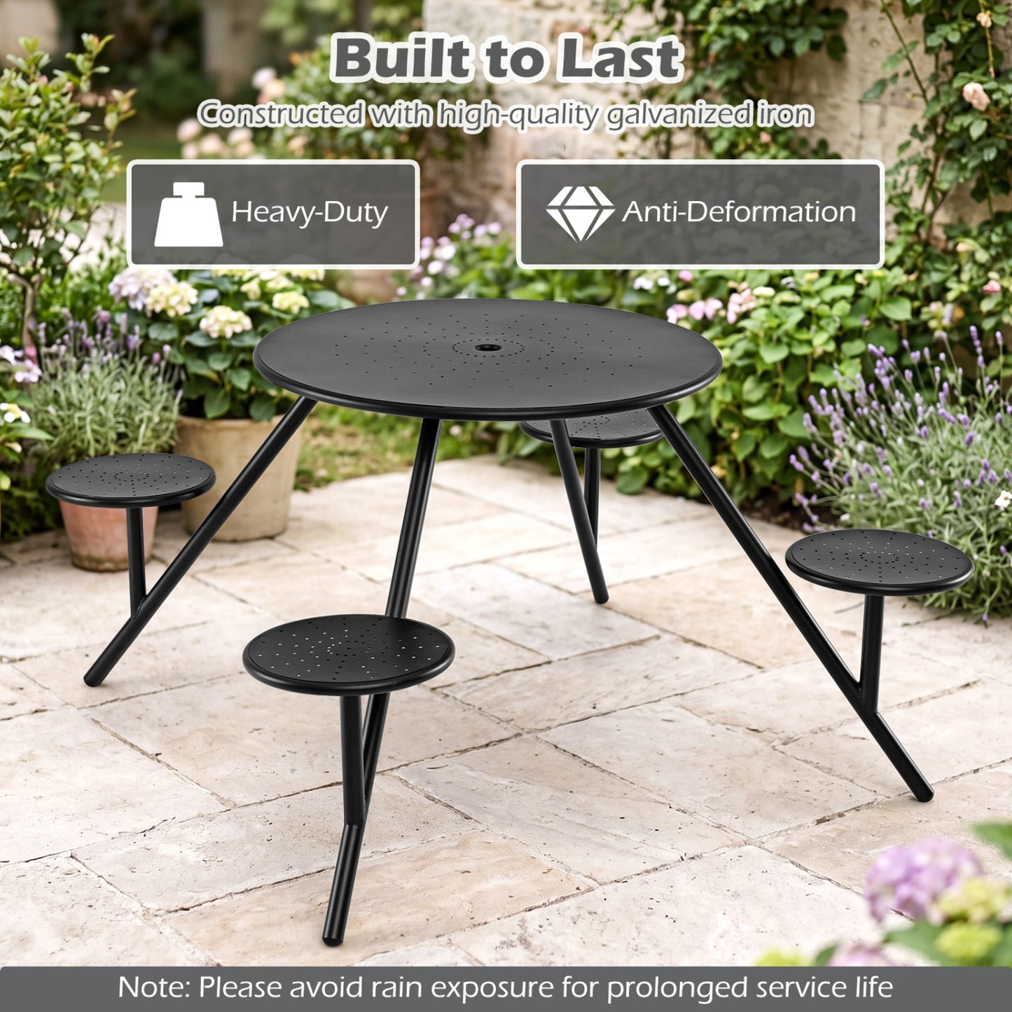 Round Picnic Table for 4 with Umbrella Hole and Iron Seats