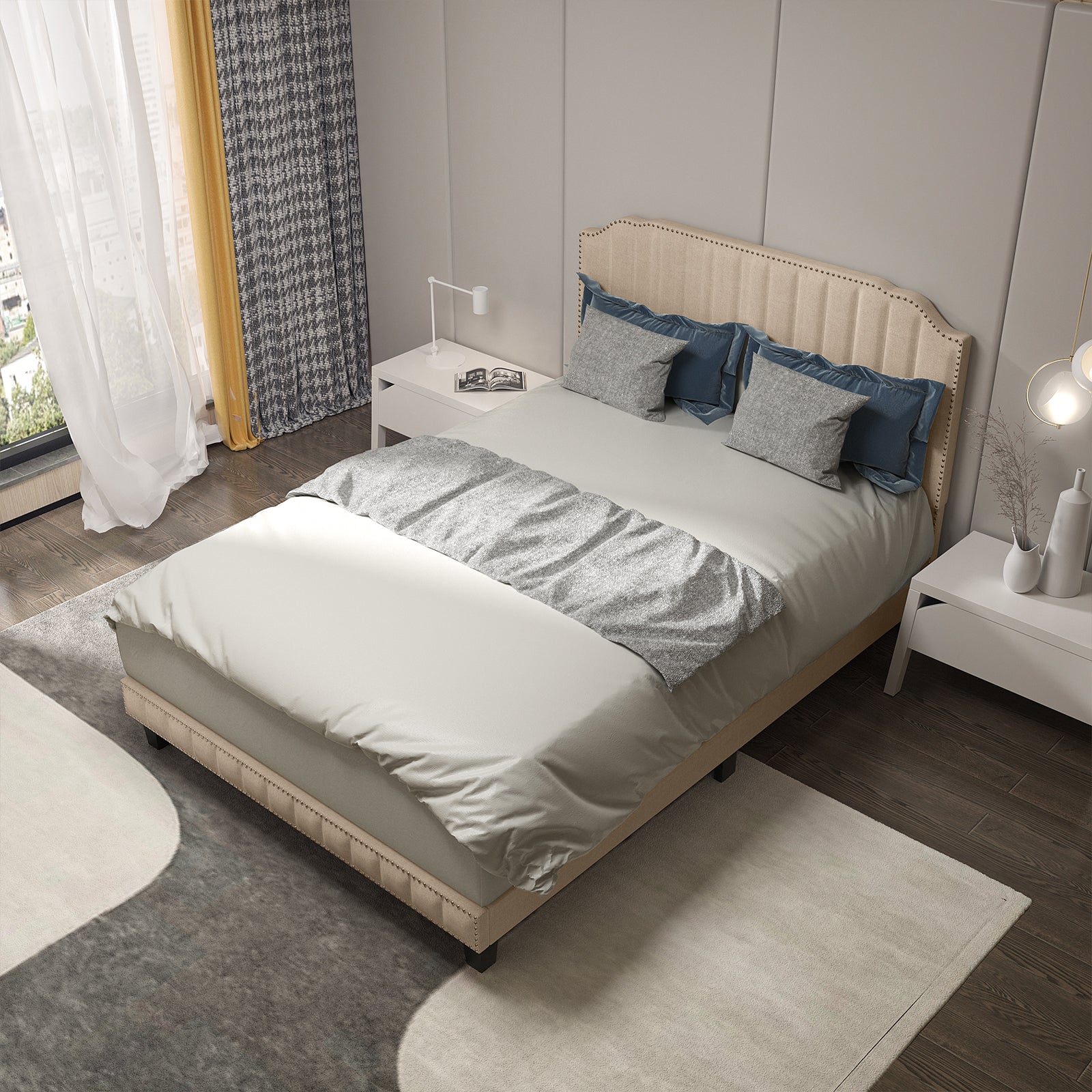 Heavy Duty Upholstered Bed Frame with Rivet Headboard-Full Size