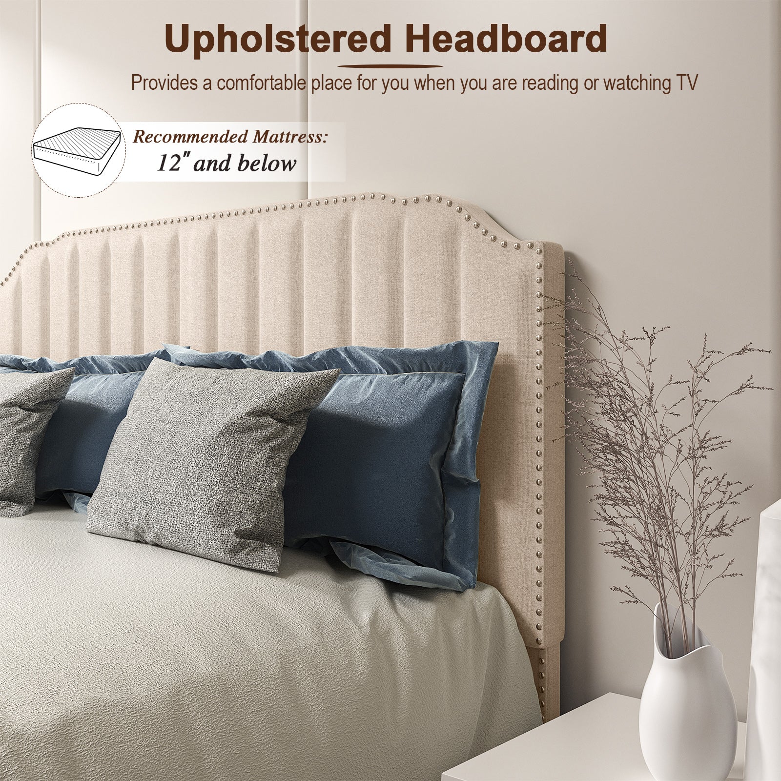 Heavy Duty Upholstered Bed Frame with Rivet Headboard-Full Size