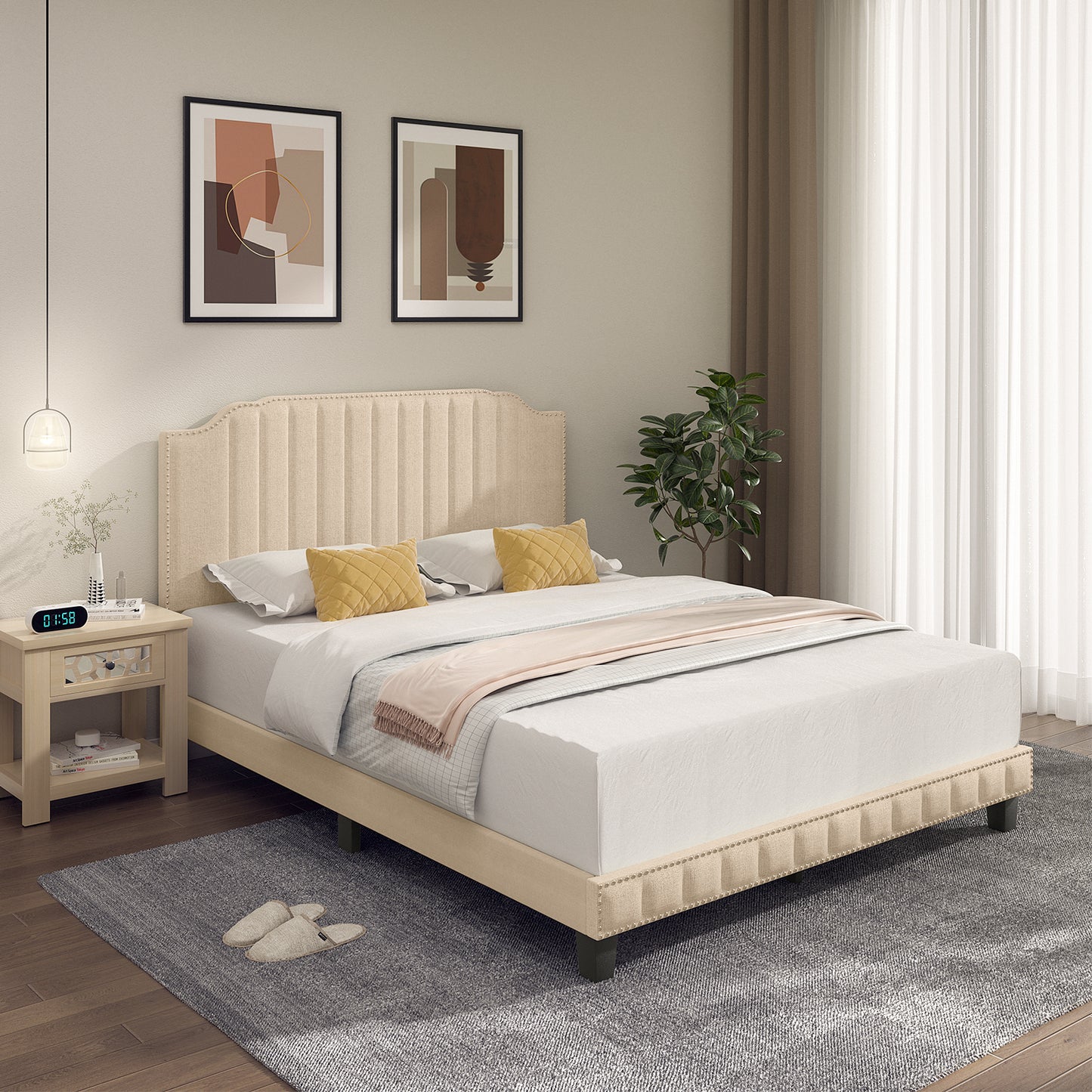 Heavy Duty Upholstered Bed Frame with Rivet Headboard-Queen Size