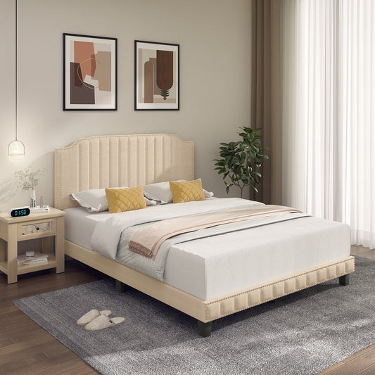 Heavy Duty Upholstered Bed Frame with Rivet Headboard-Queen Size