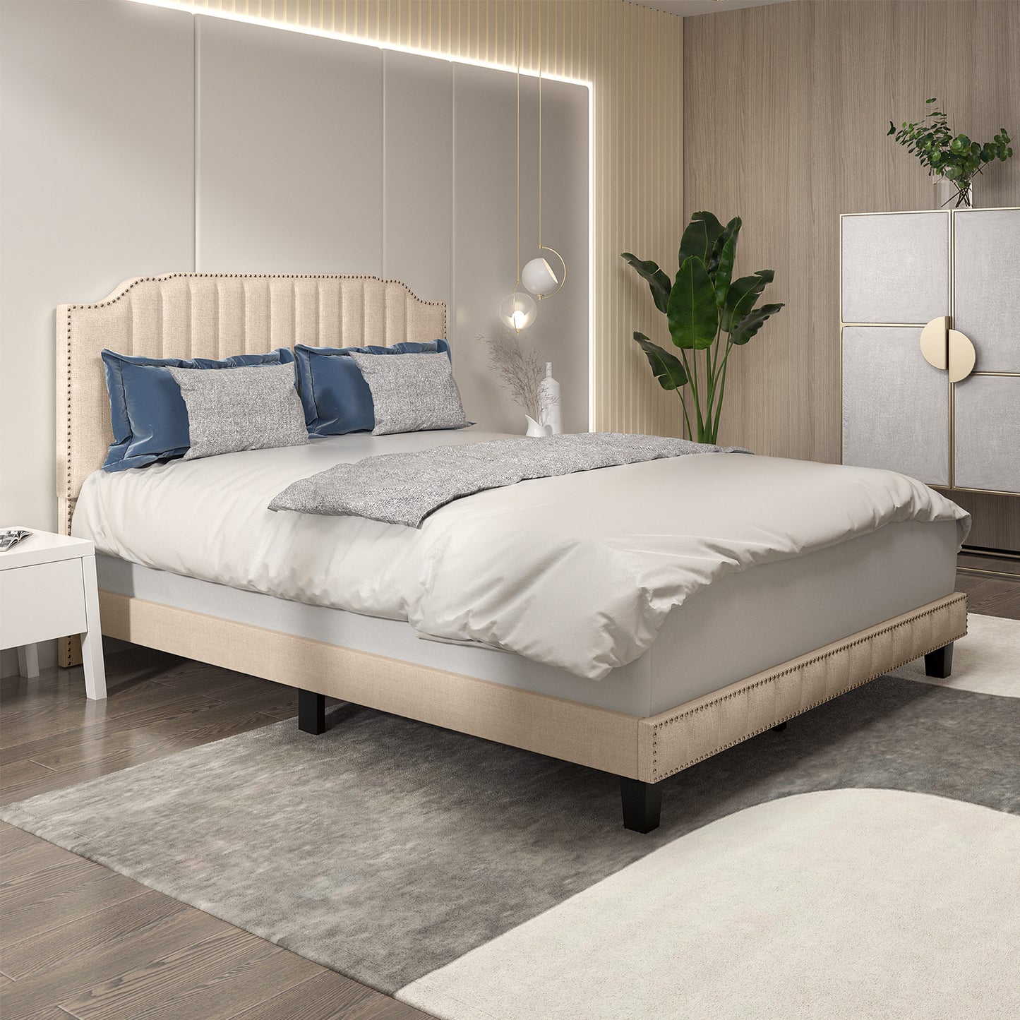 Heavy Duty Upholstered Bed Frame with Rivet Headboard-Queen Size