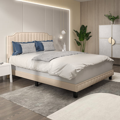 Heavy Duty Upholstered Bed Frame with Rivet Headboard-Queen Size