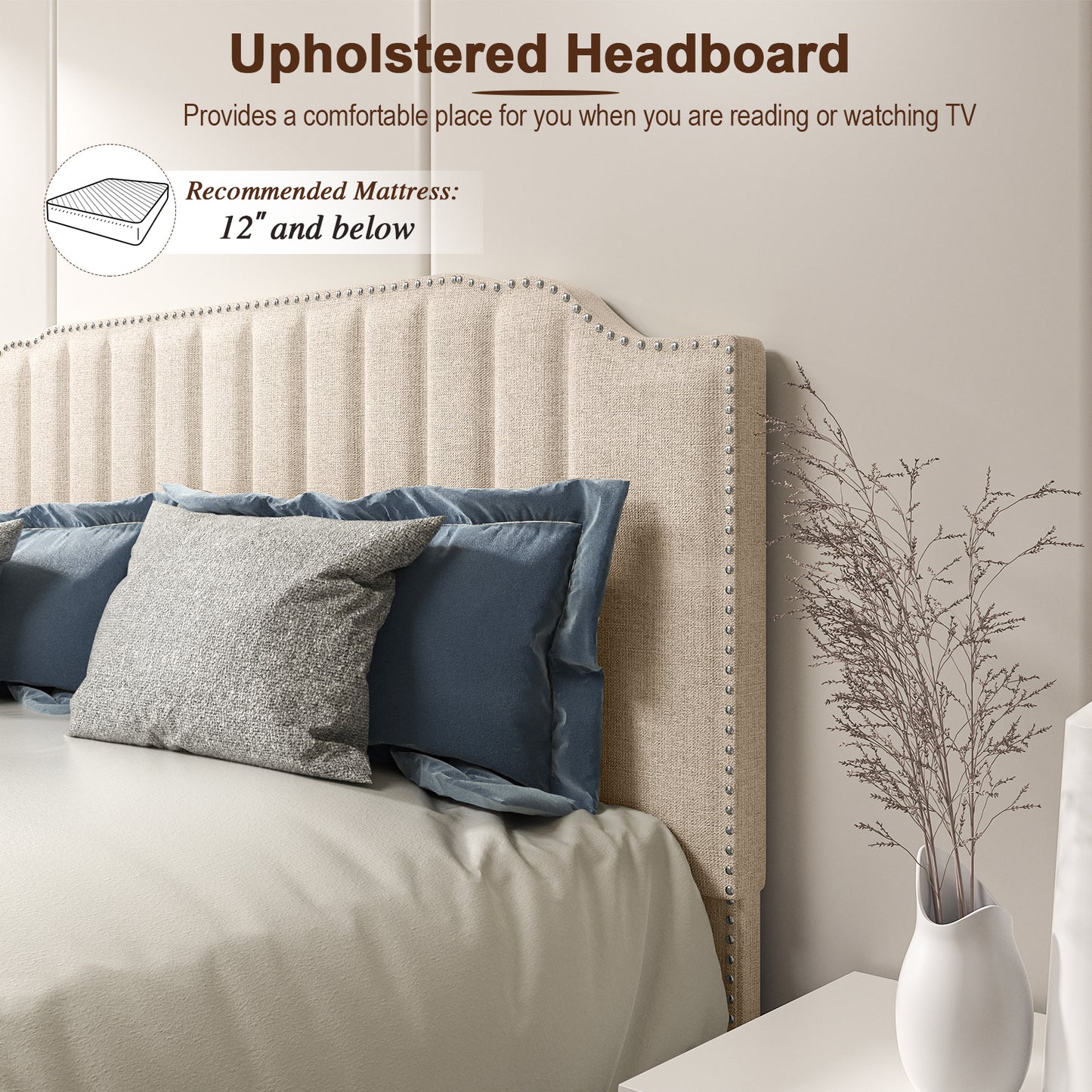 Heavy Duty Upholstered Bed Frame with Rivet Headboard-Queen Size