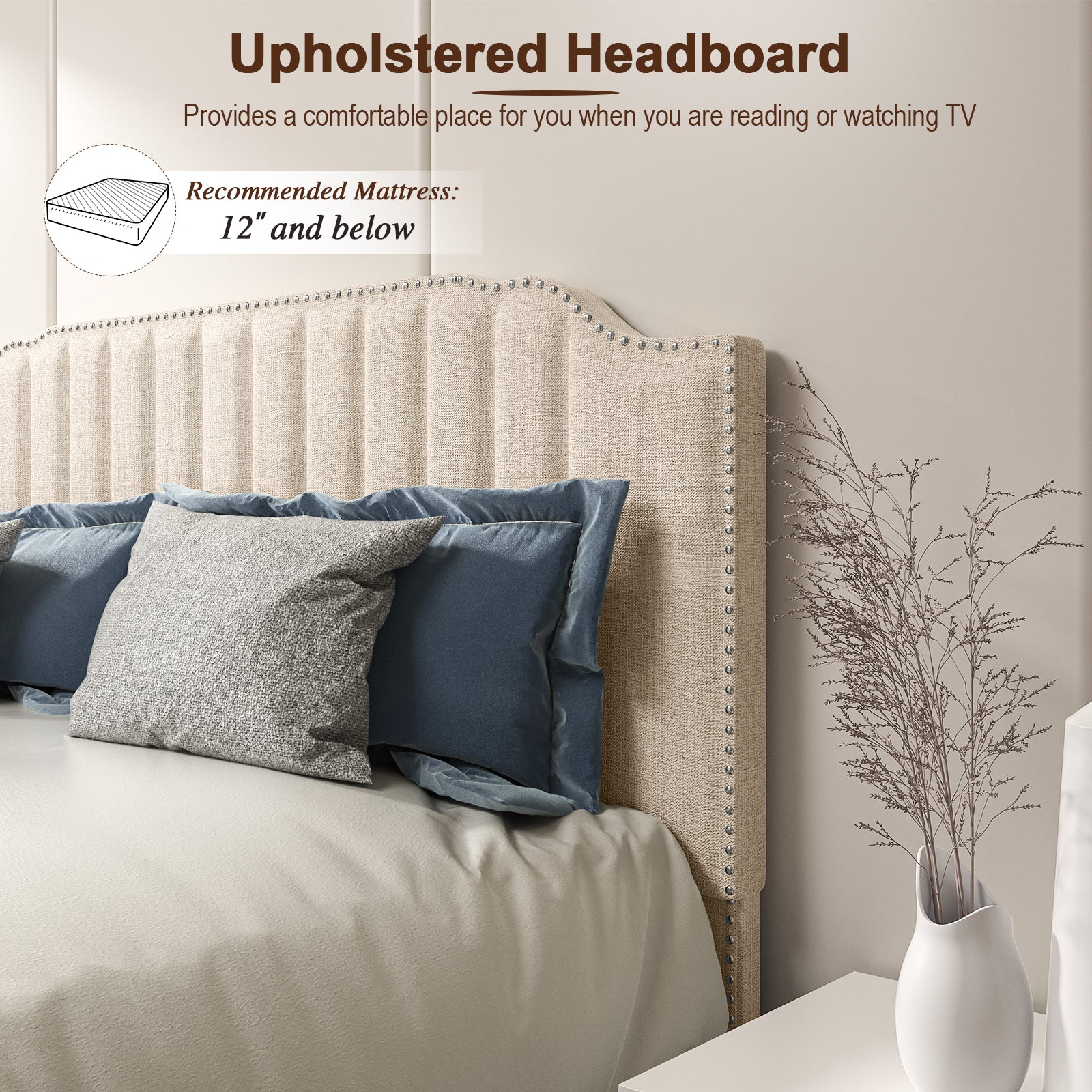 Heavy Duty Upholstered Bed Frame with Rivet Headboard-Queen Size