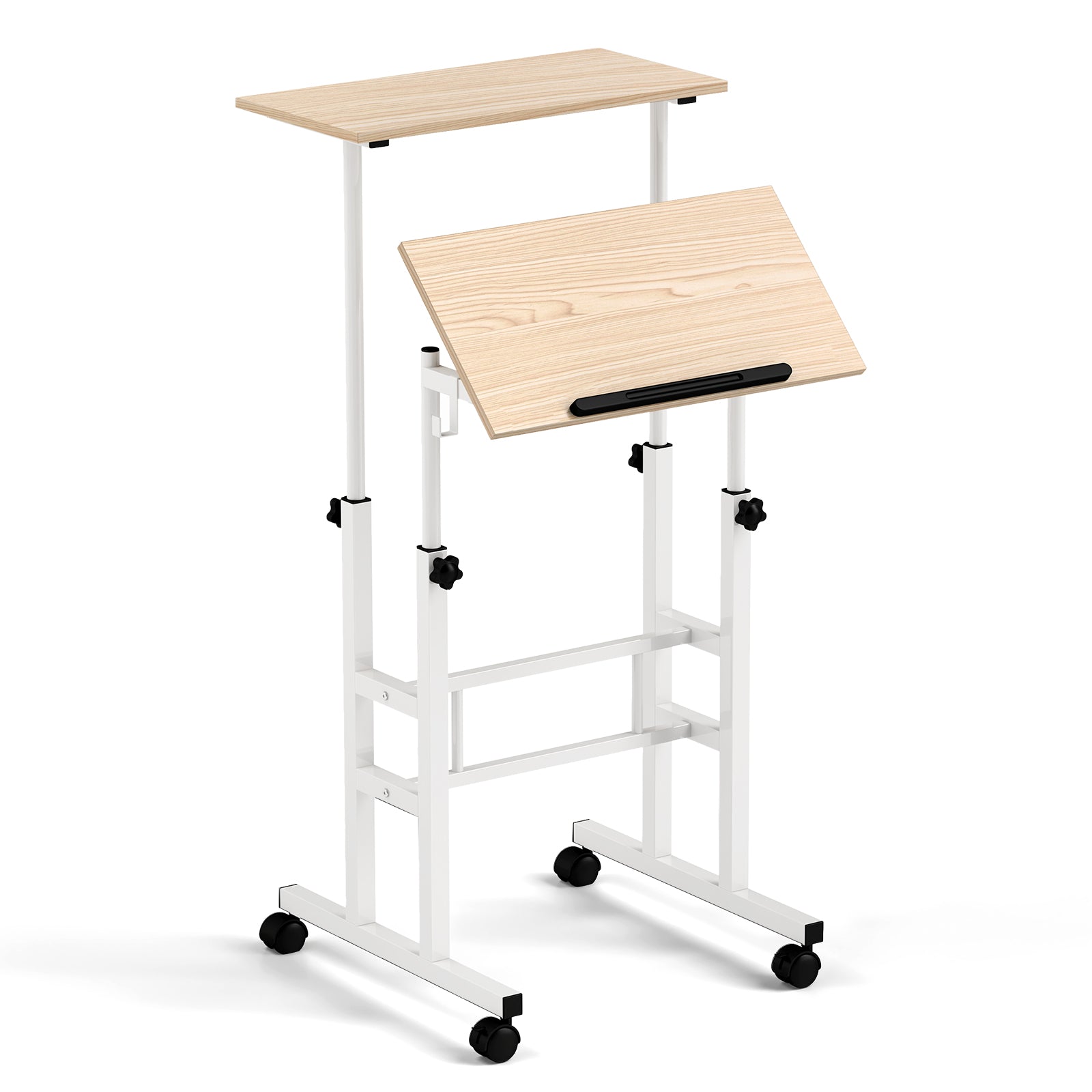 Mobile Standing Desk Height-Adjustable Laptop Cart with Split Top and Hanging Hooks-White - Natural