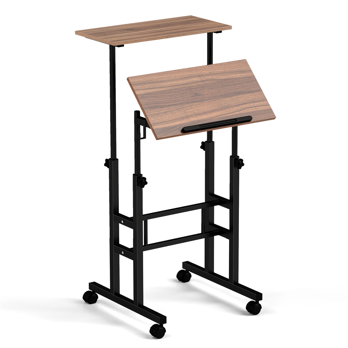 Mobile Standing Desk Height-Adjustable Laptop Cart with Split Top and Hanging Hooks-White - Walnut