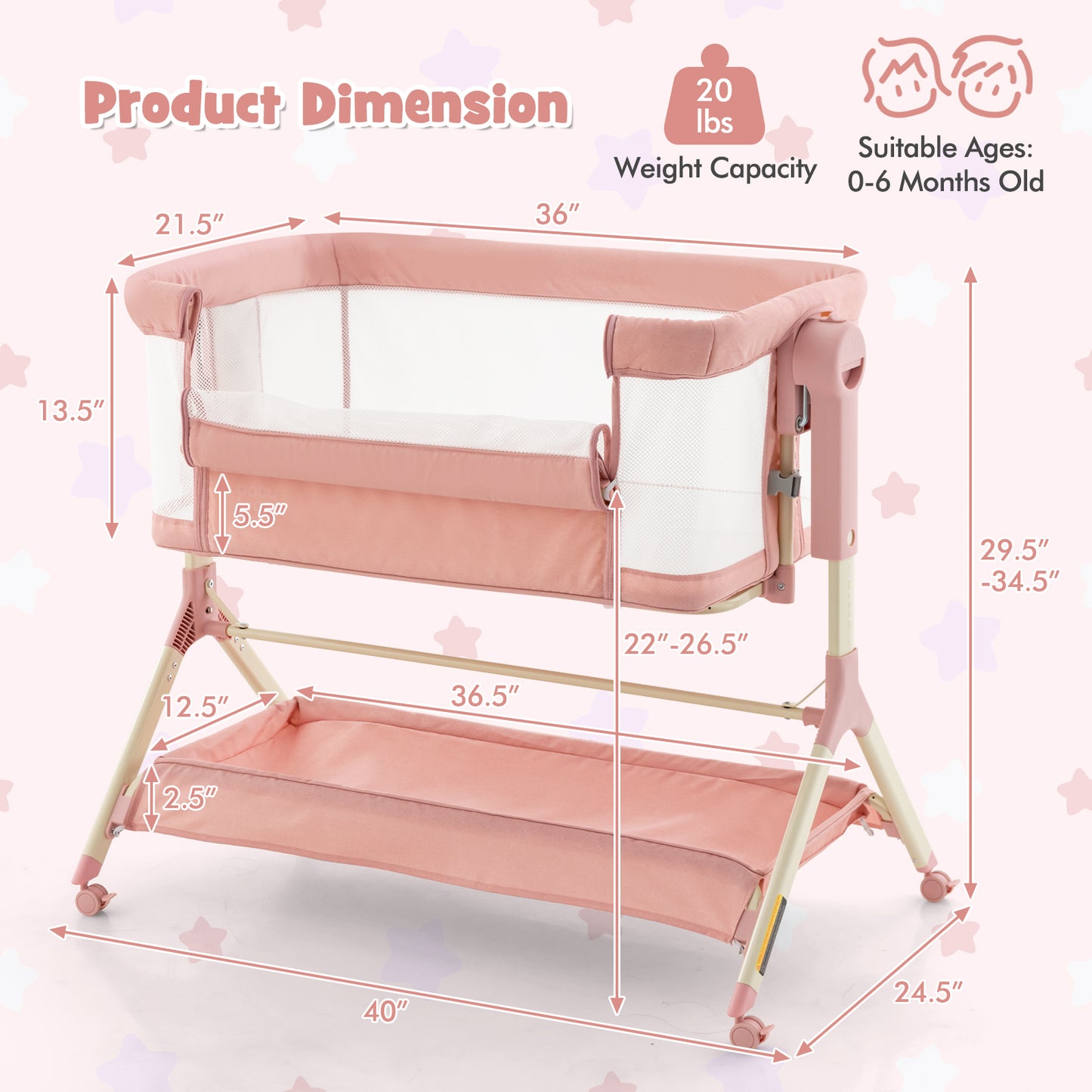 Height Adjustable Bedside Sleeper with Storage Bag and Soft Mattress for Baby-Pink - Pink