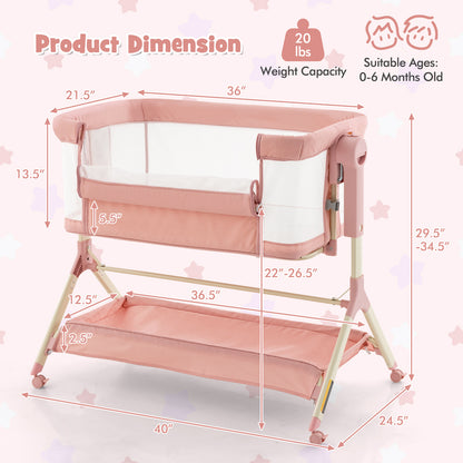 Height Adjustable Bedside Sleeper with Storage Bag and Soft Mattress for Baby-Pink - Pink
