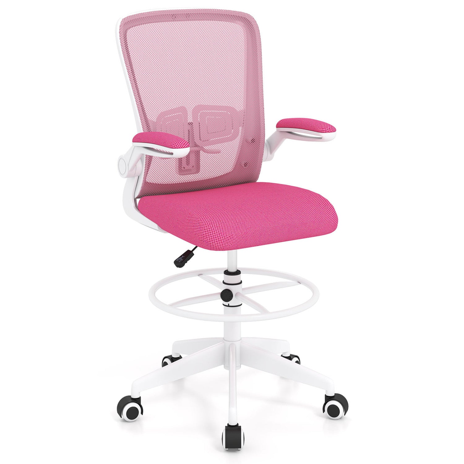 Height Adjustable Drafting Chair with Flip Up Arms for Home Office-White - Pink