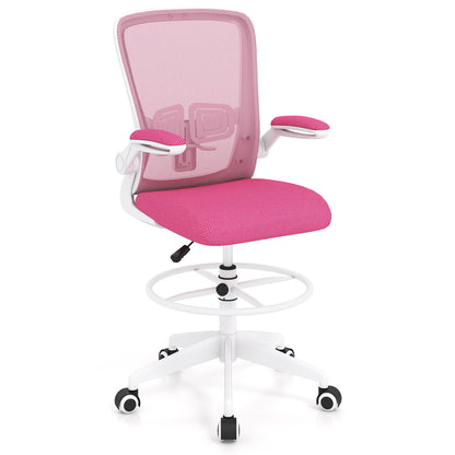 Height Adjustable Drafting Chair with Flip Up Arms for Home Office-White - Pink