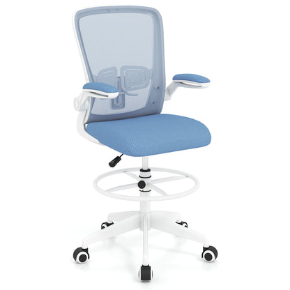 Height Adjustable Drafting Chair with Flip Up Arms for Home Office-White - Blue