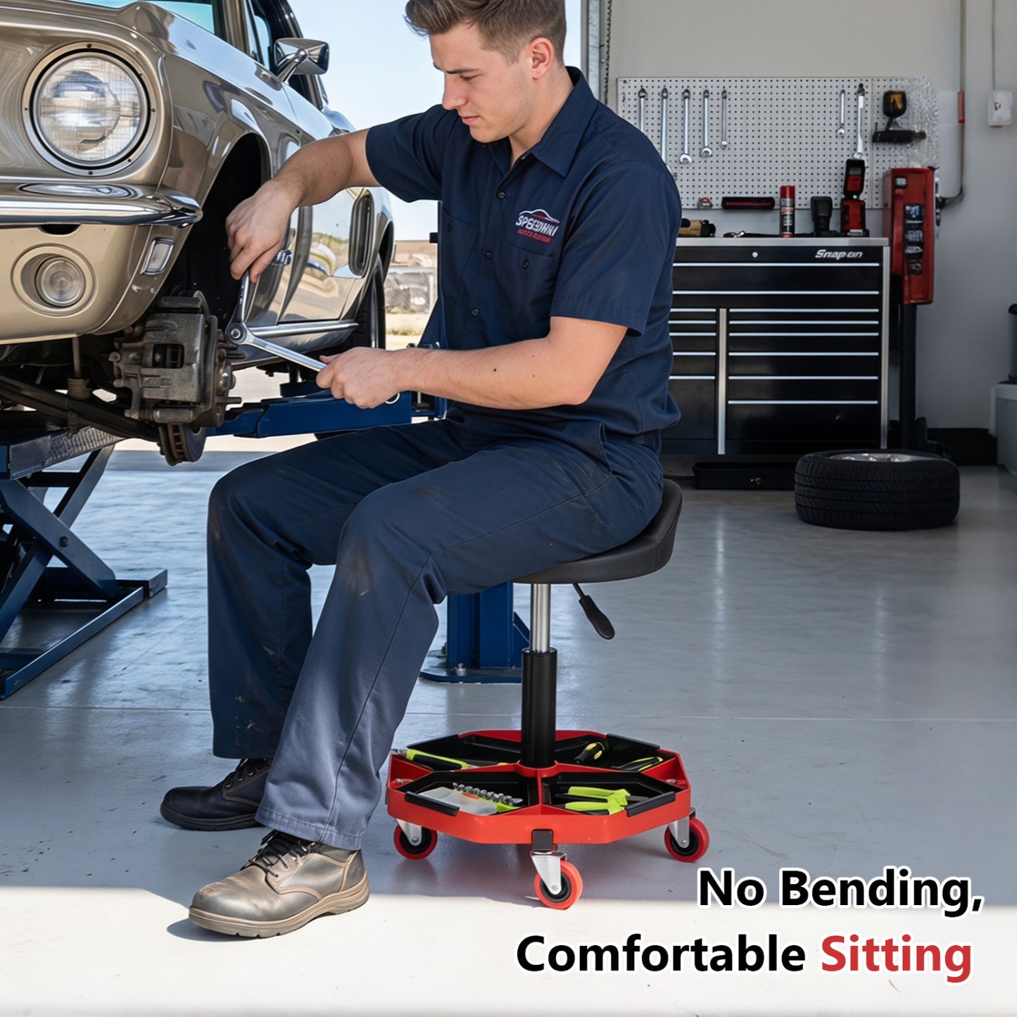 Adjustable Rolling Mechanic Seat with Storage Tray