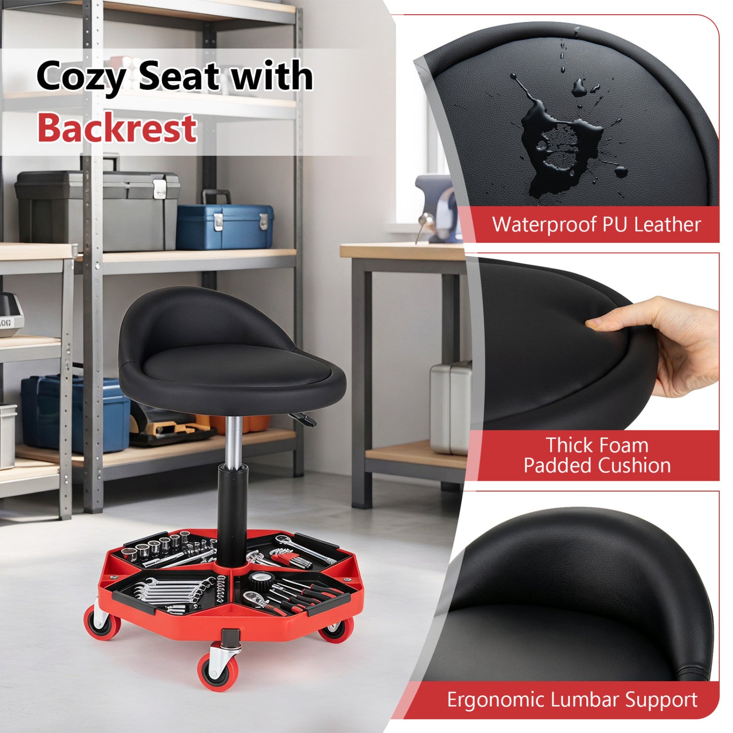 Adjustable Rolling Mechanic Seat with Storage Tray