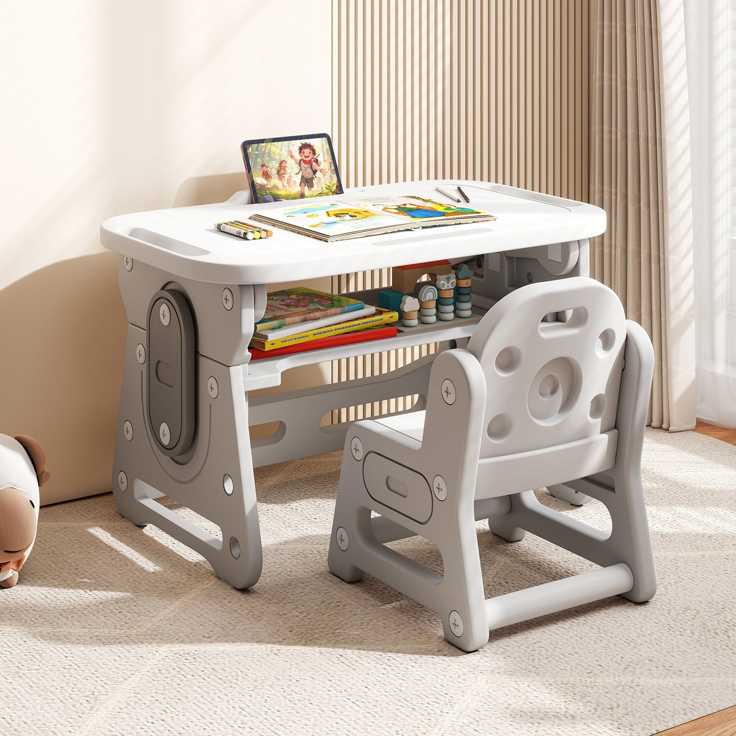 Height Adjustable Kids Table and Chair Set with Tiltable Whiteboard and Concave Shelf-Gray