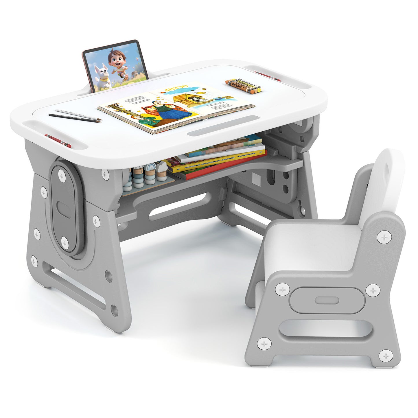 Height Adjustable Kids Table and Chair Set with Tiltable Whiteboard and Concave Shelf-Gray