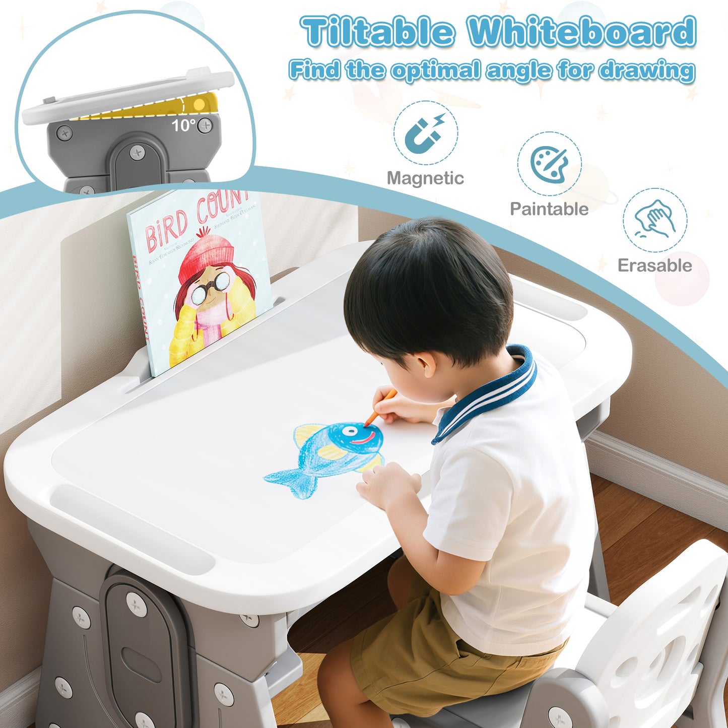 Height Adjustable Kids Table and Chair Set with Tiltable Whiteboard and Concave Shelf-Gray