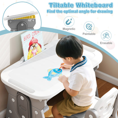 Height Adjustable Kids Table and Chair Set with Tiltable Whiteboard and Concave Shelf-Gray