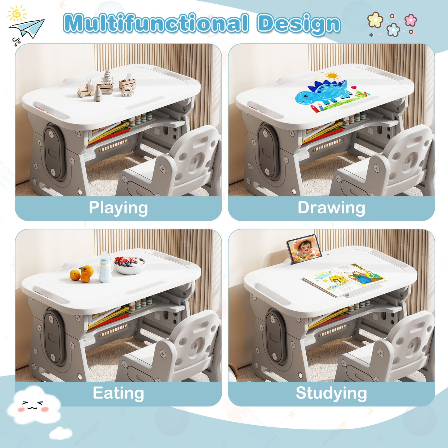 Height Adjustable Kids Table and Chair Set with Tiltable Whiteboard and Concave Shelf-Gray
