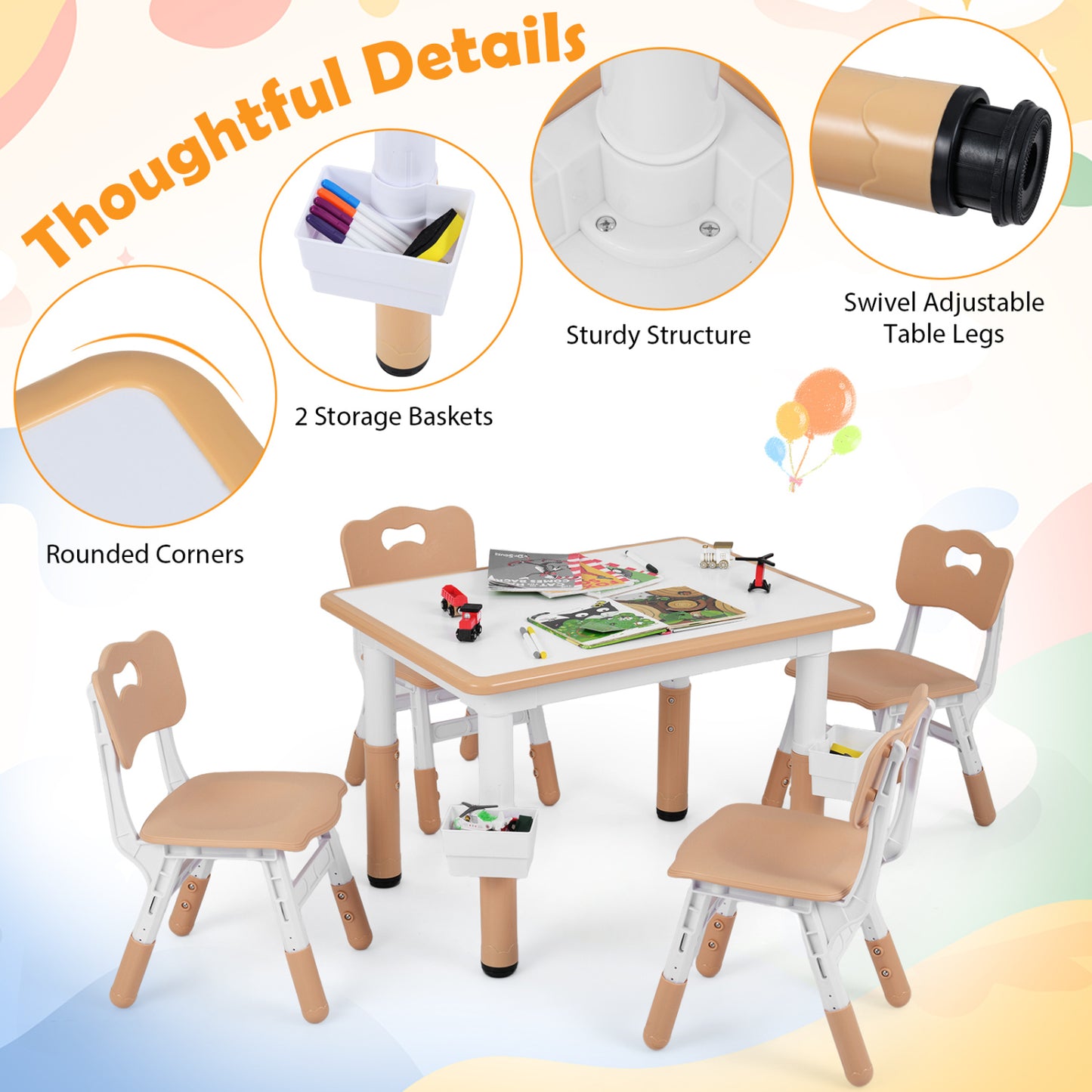 Kids Table and 4 Chairs Set with Adjustable Height