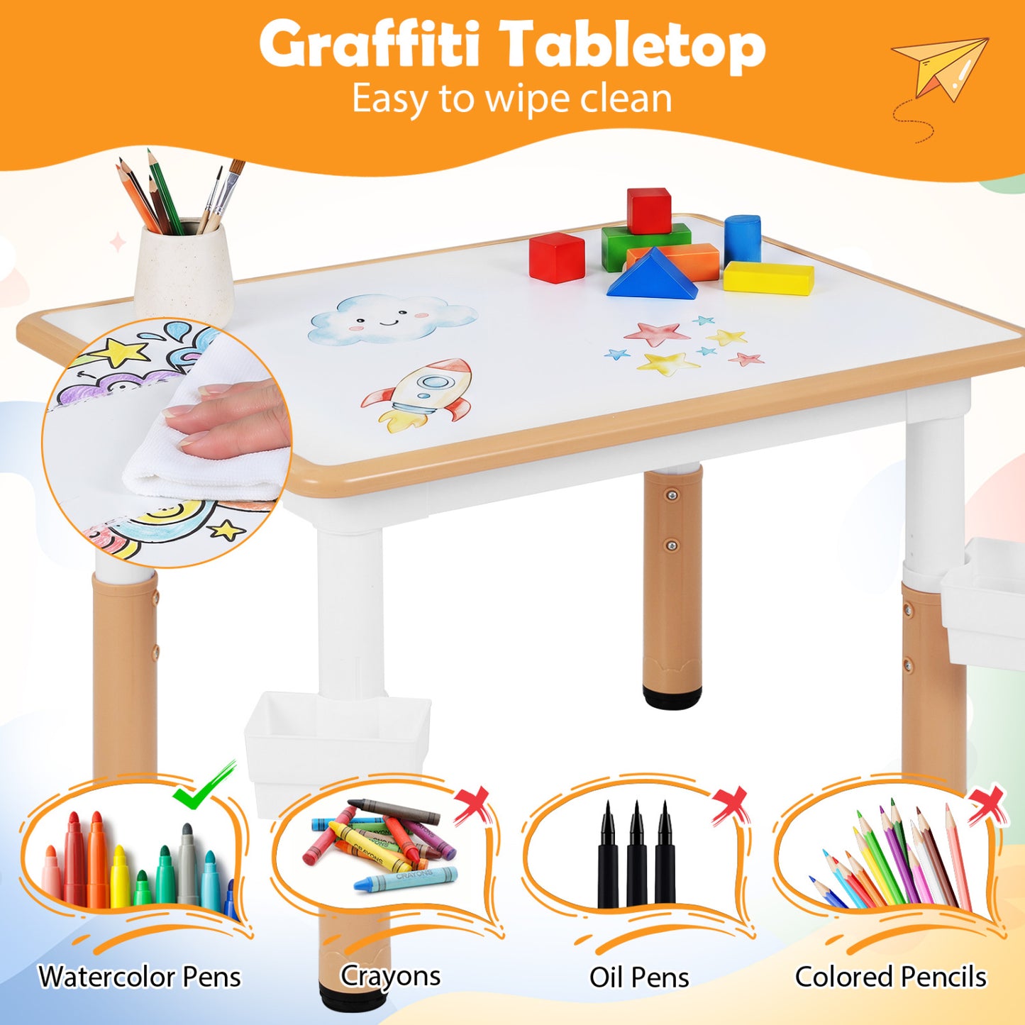 Kids Table and 4 Chairs Set with Adjustable Height
