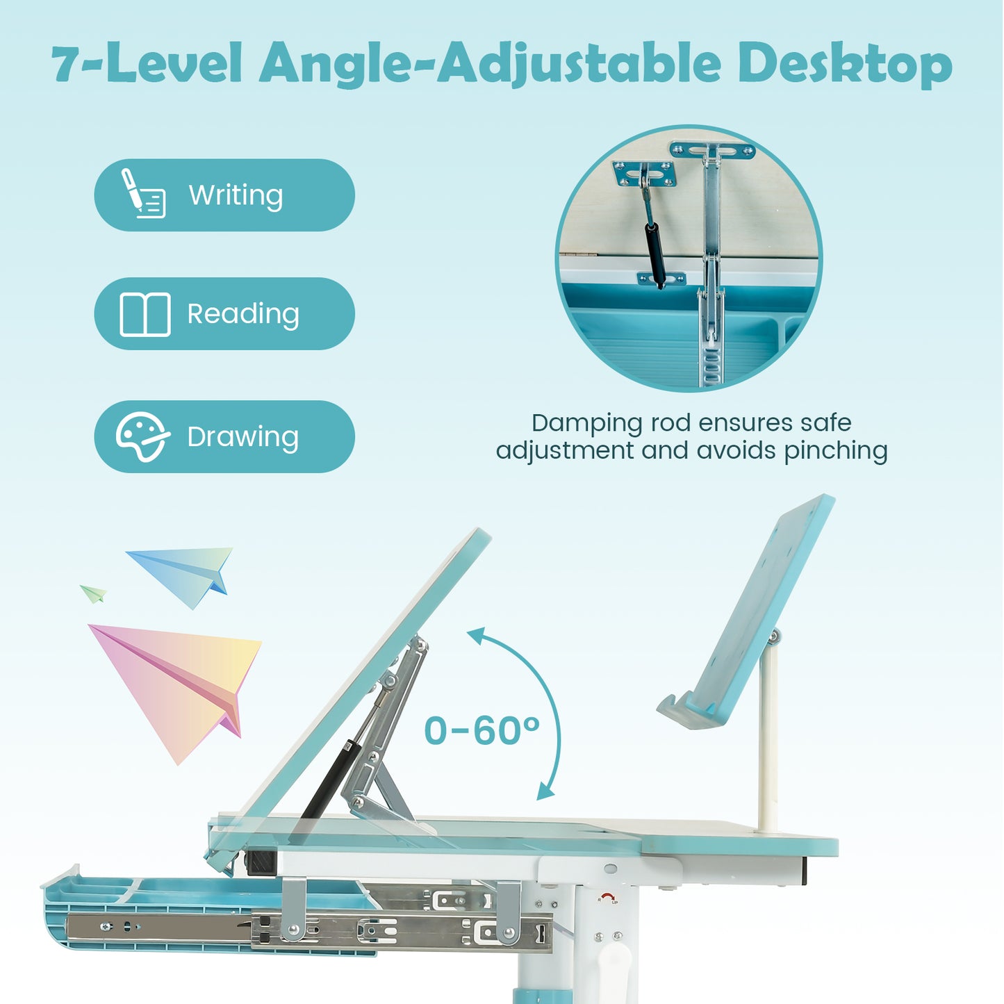 Height-Adjustable Kids Desk with Tilt Desktop and Book Stand