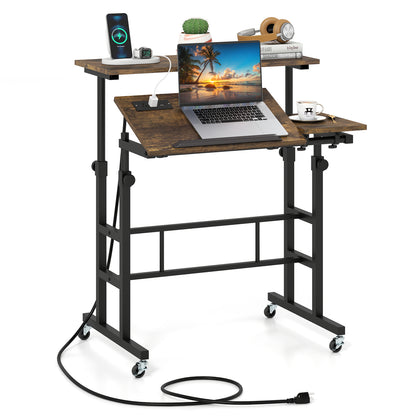 Mobile Standing Desk with Power Outlets & Adjustable Height