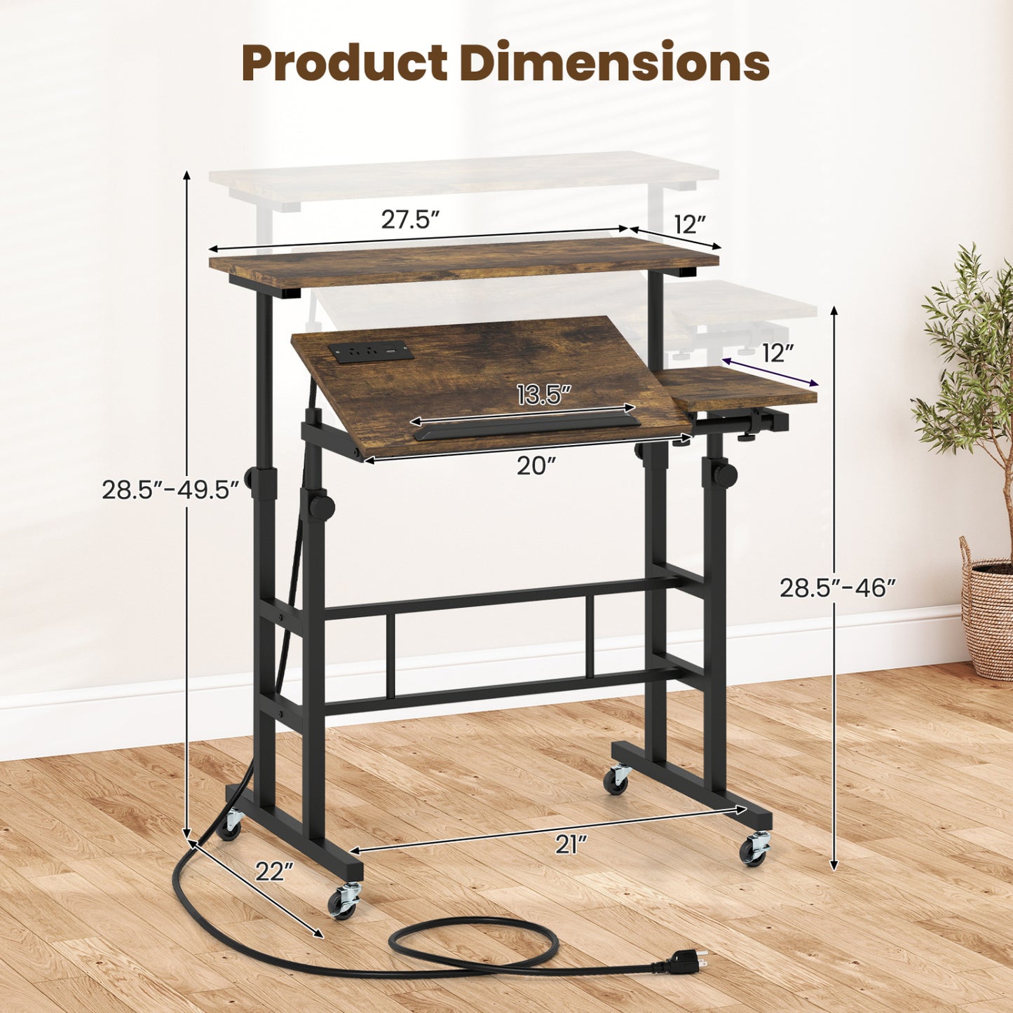 Mobile Standing Desk with Power Outlets & Adjustable Height