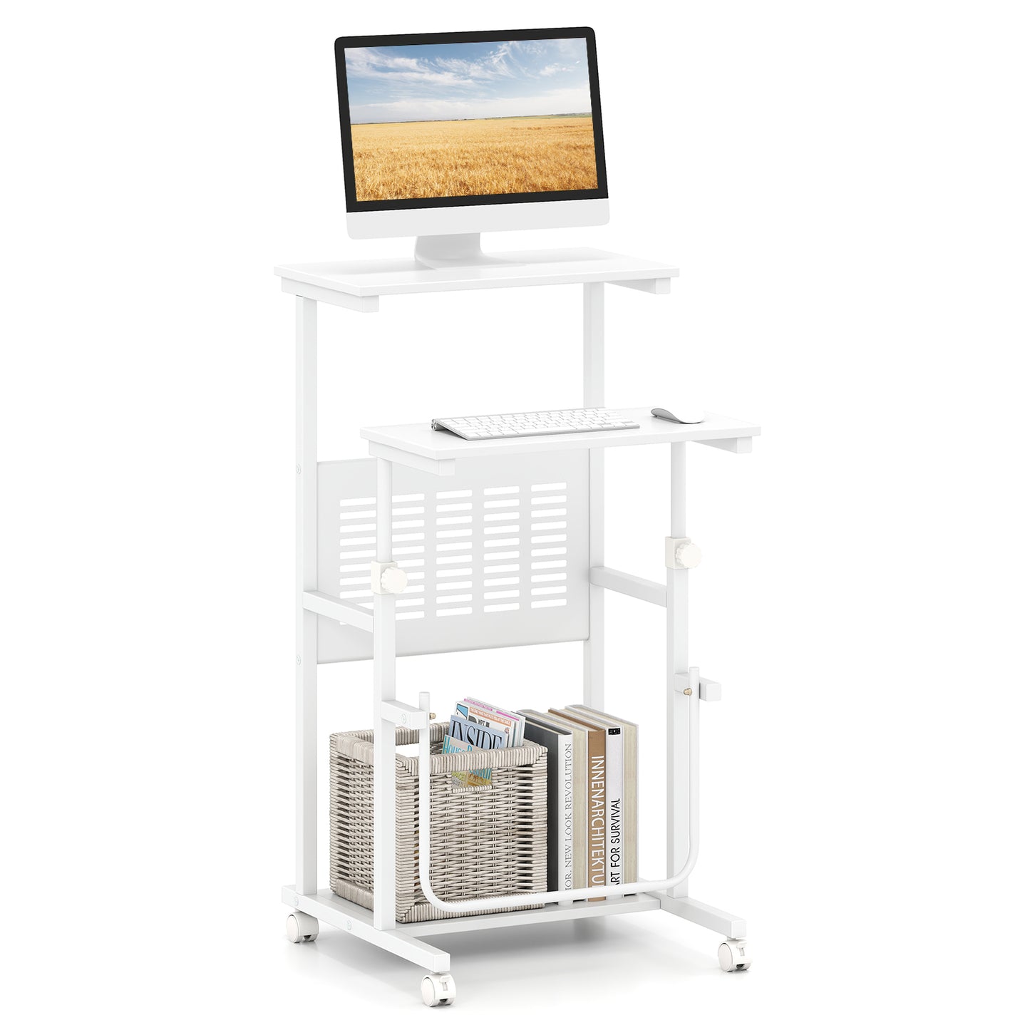 Height Adjustable Mobile Computer Stand-Up Desk with 2 Modes - White