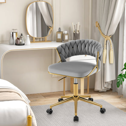 360¬∞ Height Adjustable Swivel Upholstered Desk Computer Chair with Hand-woven Back-Gray