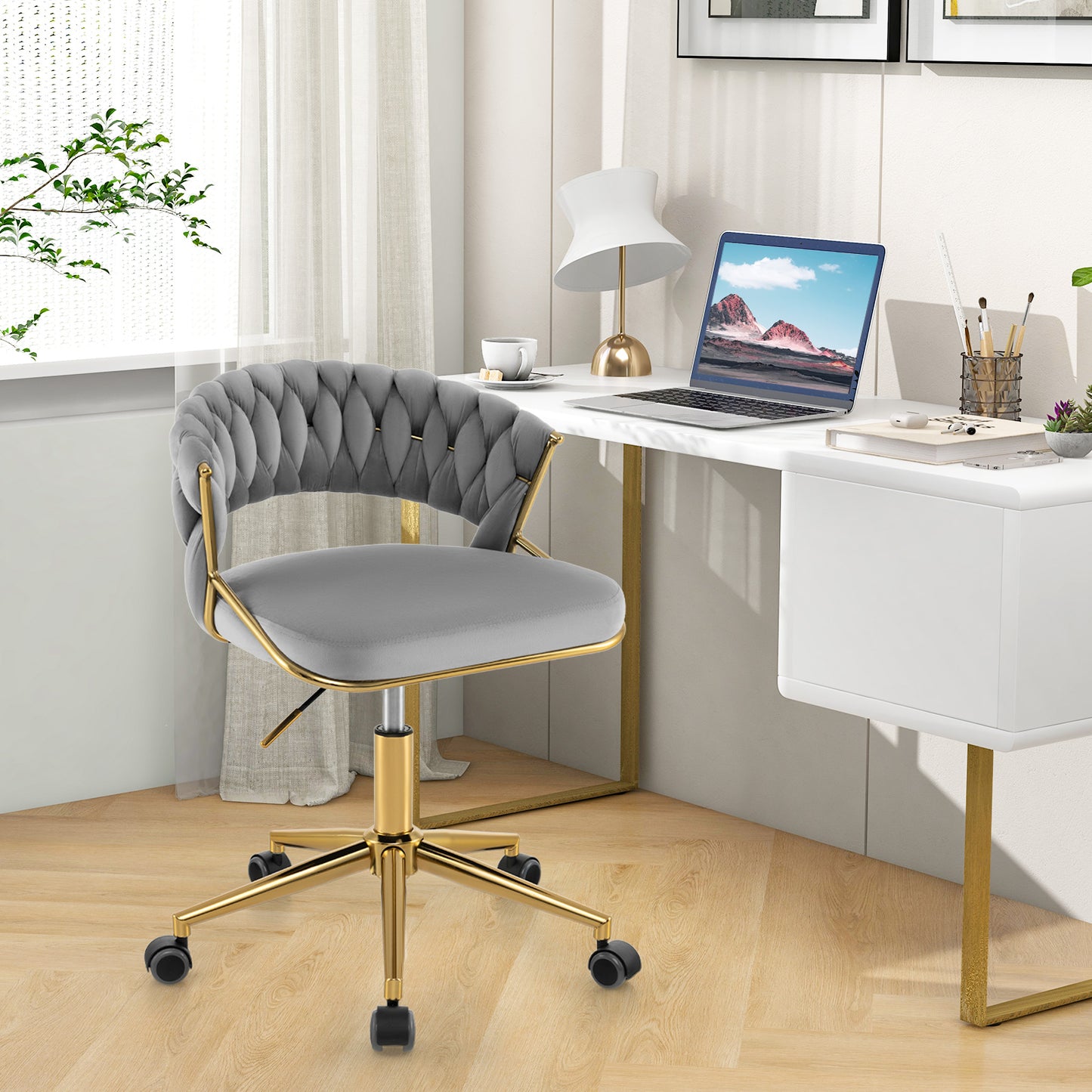 360¬∞ Height Adjustable Swivel Upholstered Desk Computer Chair with Hand-woven Back-Gray