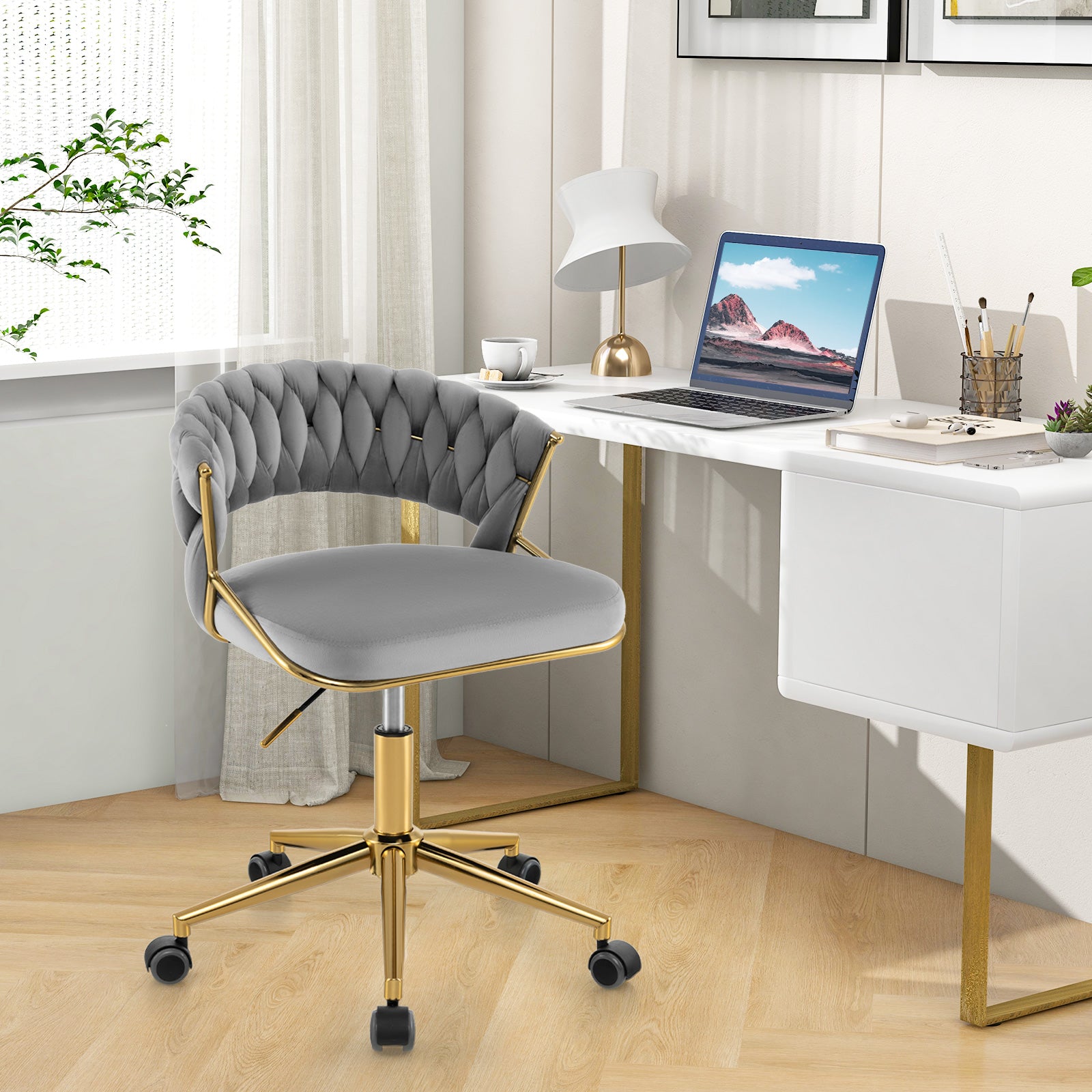 360¬∞ Height Adjustable Swivel Upholstered Desk Computer Chair with Hand-woven Back-Gray
