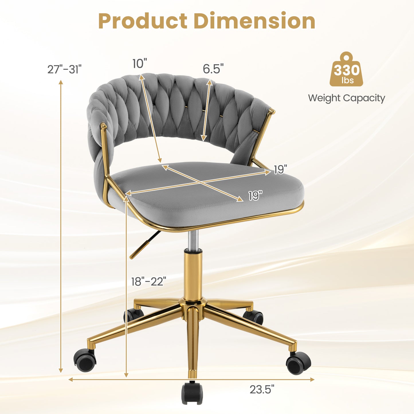 360¬∞ Height Adjustable Swivel Upholstered Desk Computer Chair with Hand-woven Back-Gray