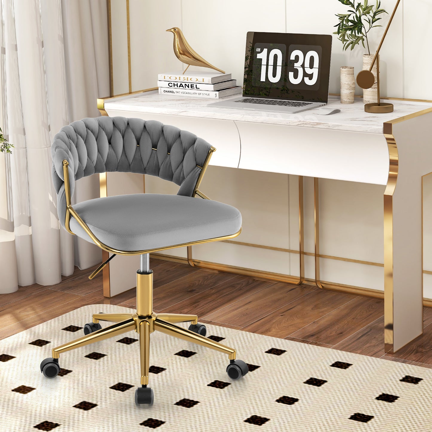 360¬∞ Height Adjustable Swivel Upholstered Desk Computer Chair with Hand-woven Back-Gray