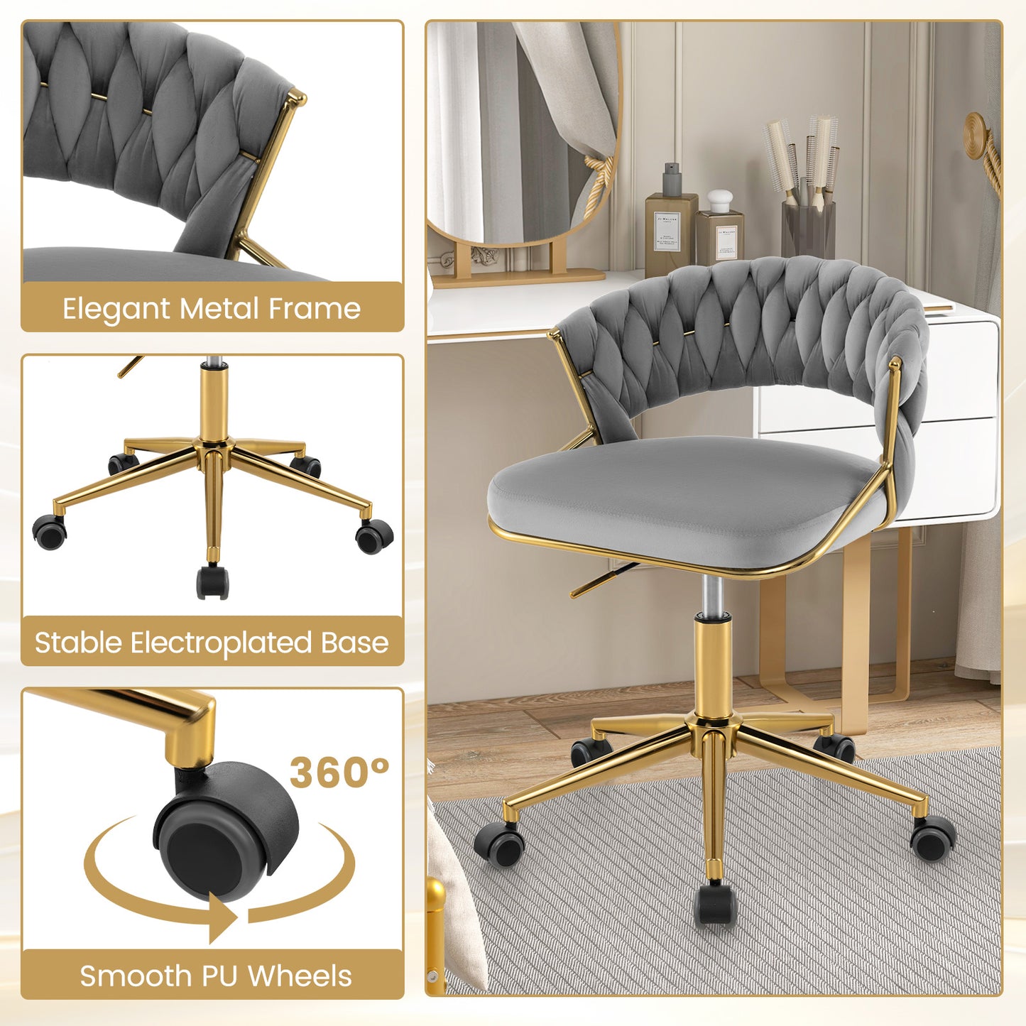 360¬∞ Height Adjustable Swivel Upholstered Desk Computer Chair with Hand-woven Back-Gray