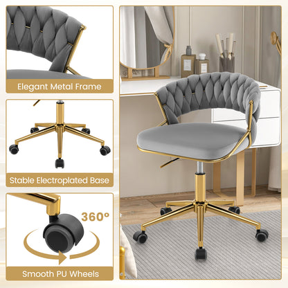 360¬∞ Height Adjustable Swivel Upholstered Desk Computer Chair with Hand-woven Back-Gray