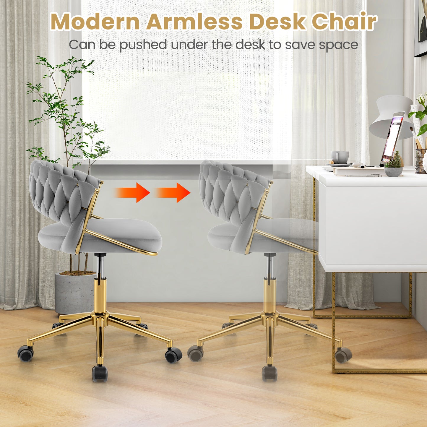 360¬∞ Height Adjustable Swivel Upholstered Desk Computer Chair with Hand-woven Back-Gray