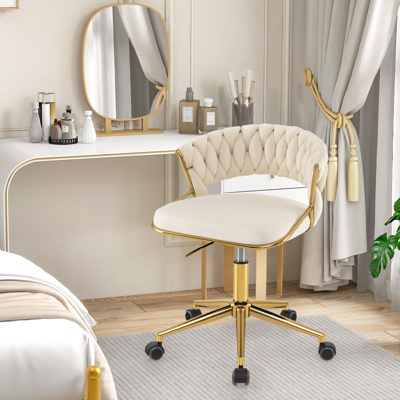 360¬∞ Height Adjustable Swivel Upholstered Desk Computer Chair with Hand-woven Back-Beige