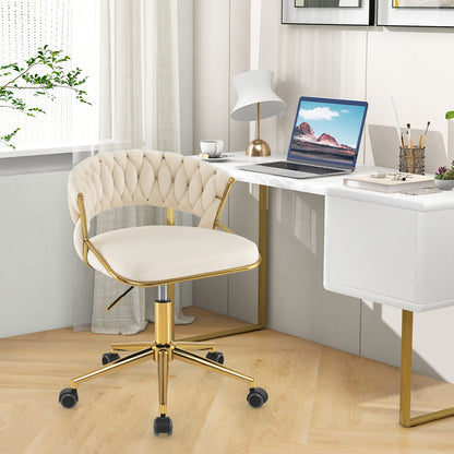 360¬∞ Height Adjustable Swivel Upholstered Desk Computer Chair with Hand-woven Back-Beige