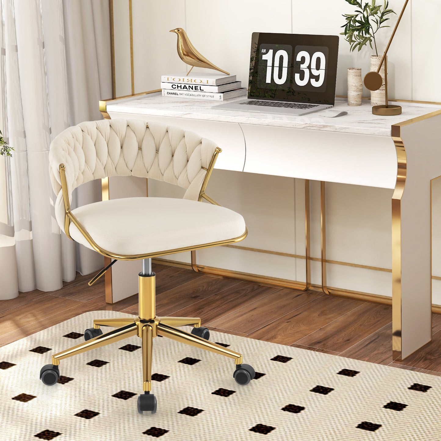 360¬∞ Height Adjustable Swivel Upholstered Desk Computer Chair with Hand-woven Back-Beige