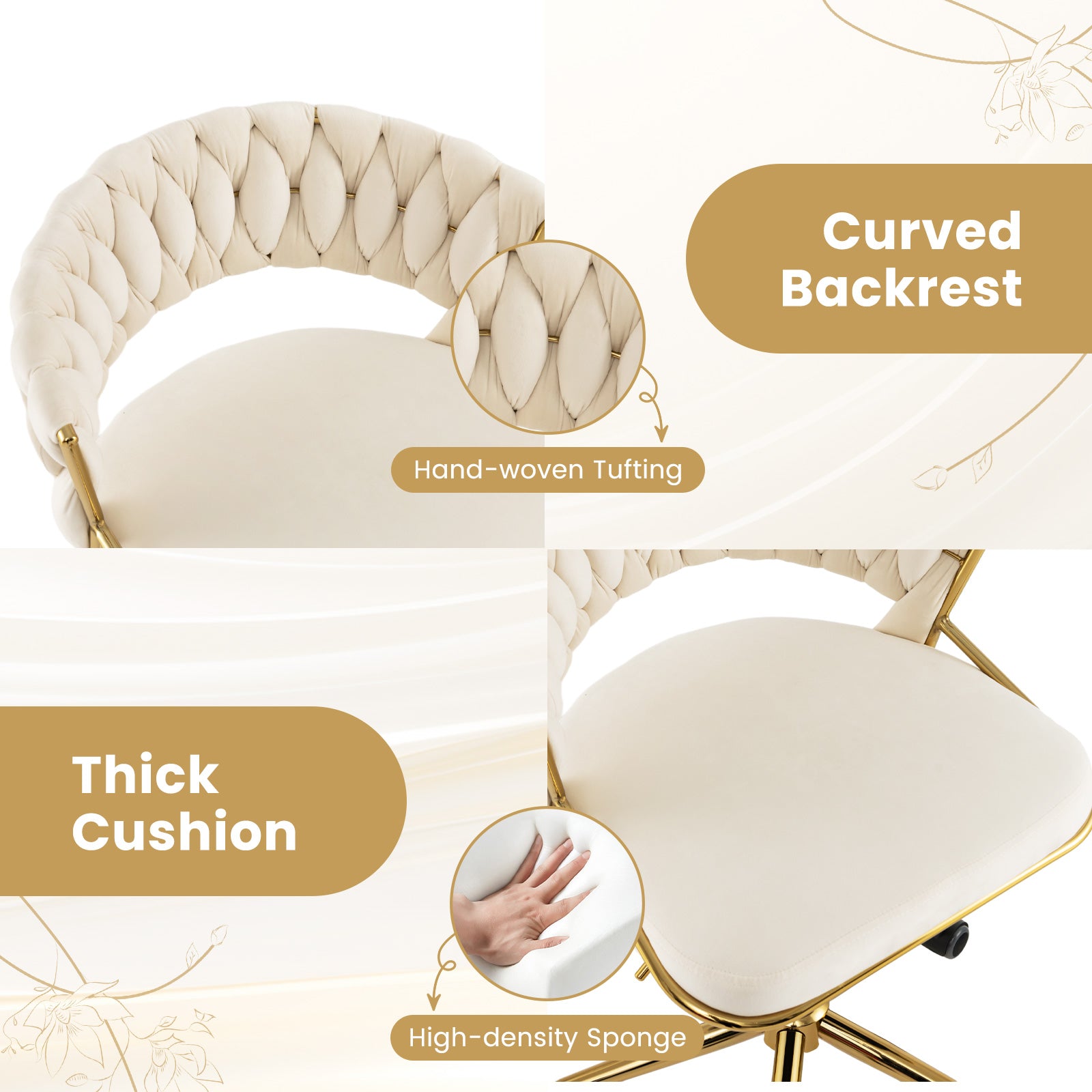 360¬∞ Height Adjustable Swivel Upholstered Desk Computer Chair with Hand-woven Back-Beige