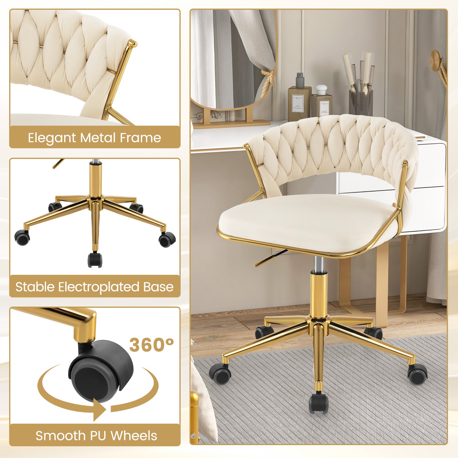 360¬∞ Height Adjustable Swivel Upholstered Desk Computer Chair with Hand-woven Back-Beige