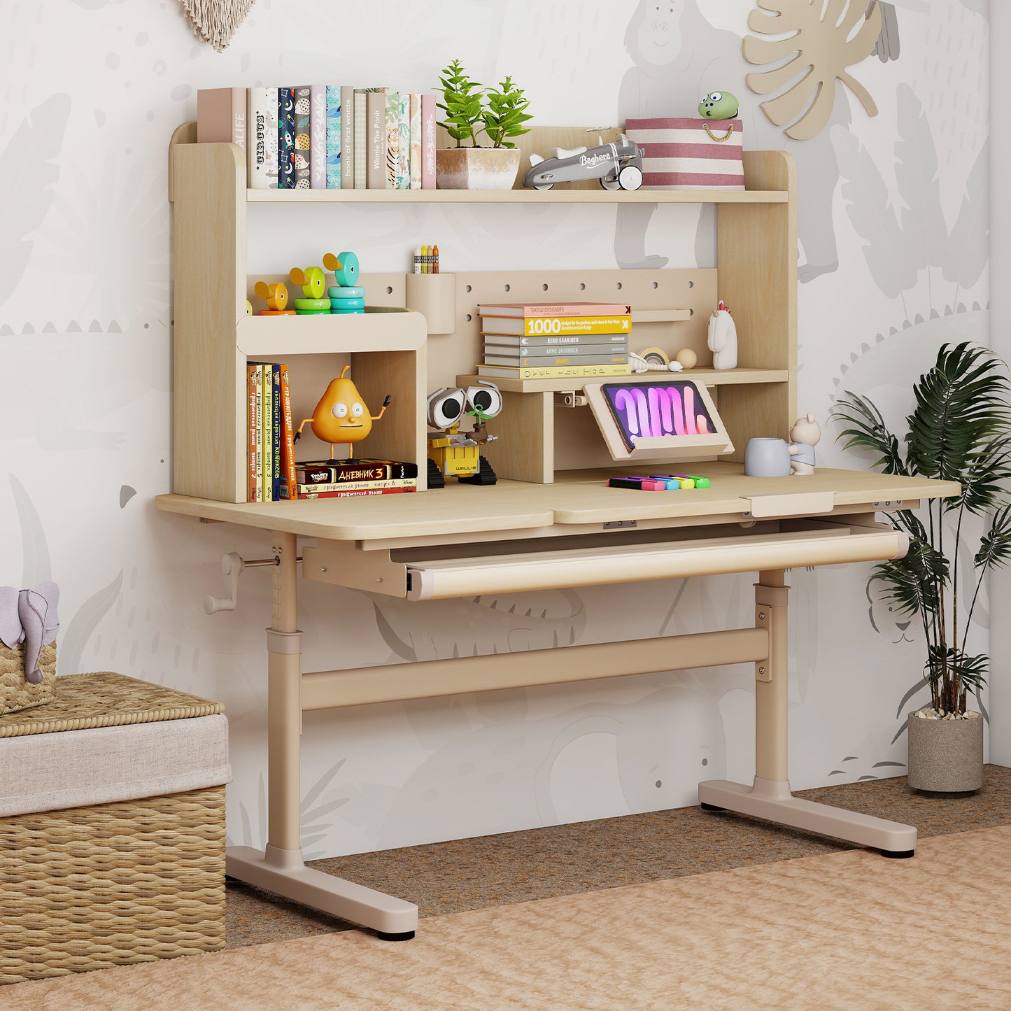 Height Adjustable Writing Table with Tilt Desktop and Retractable Book Stand-Yellow