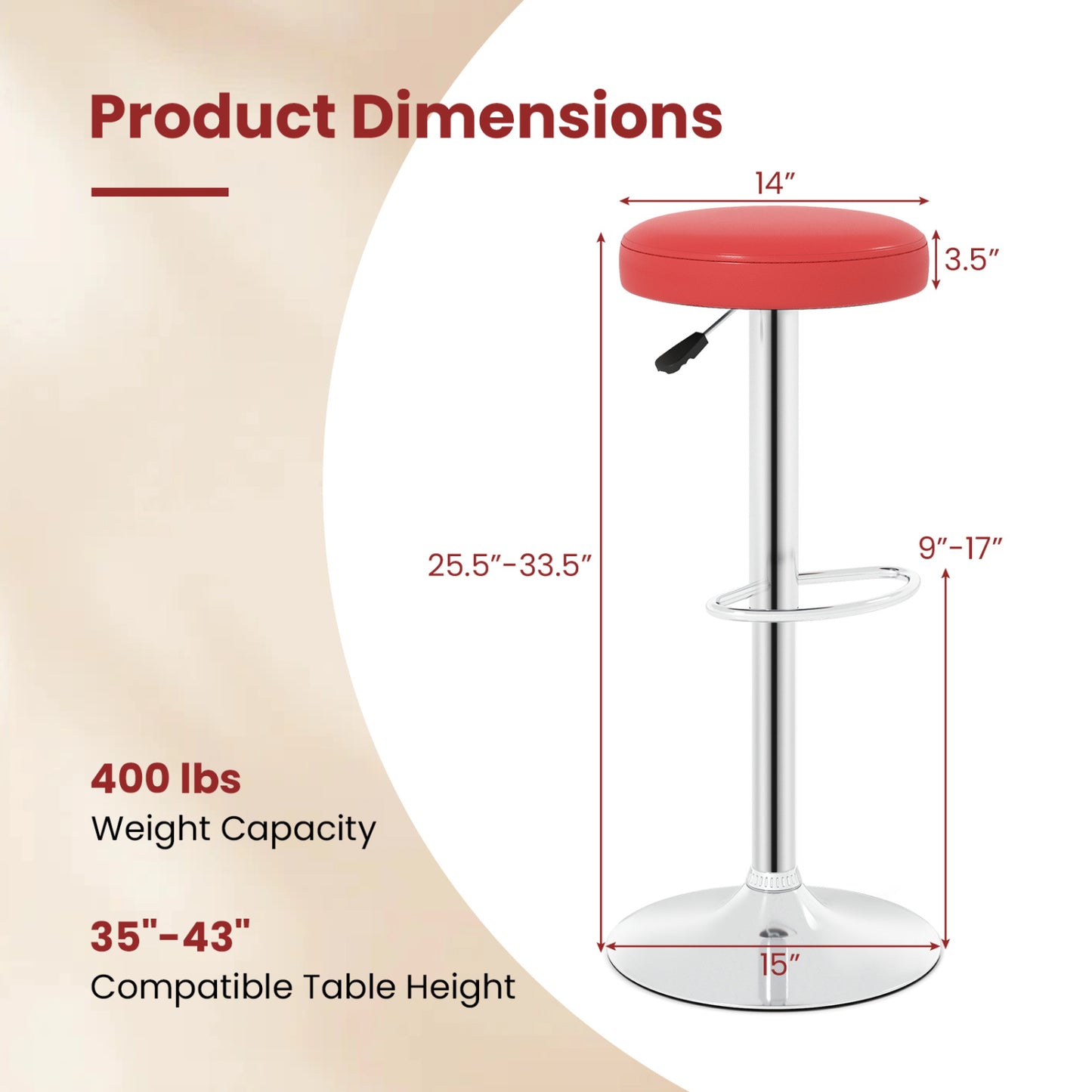 Adjustable Swivel Bar Stool with Footrest, 400 lbs Capacity