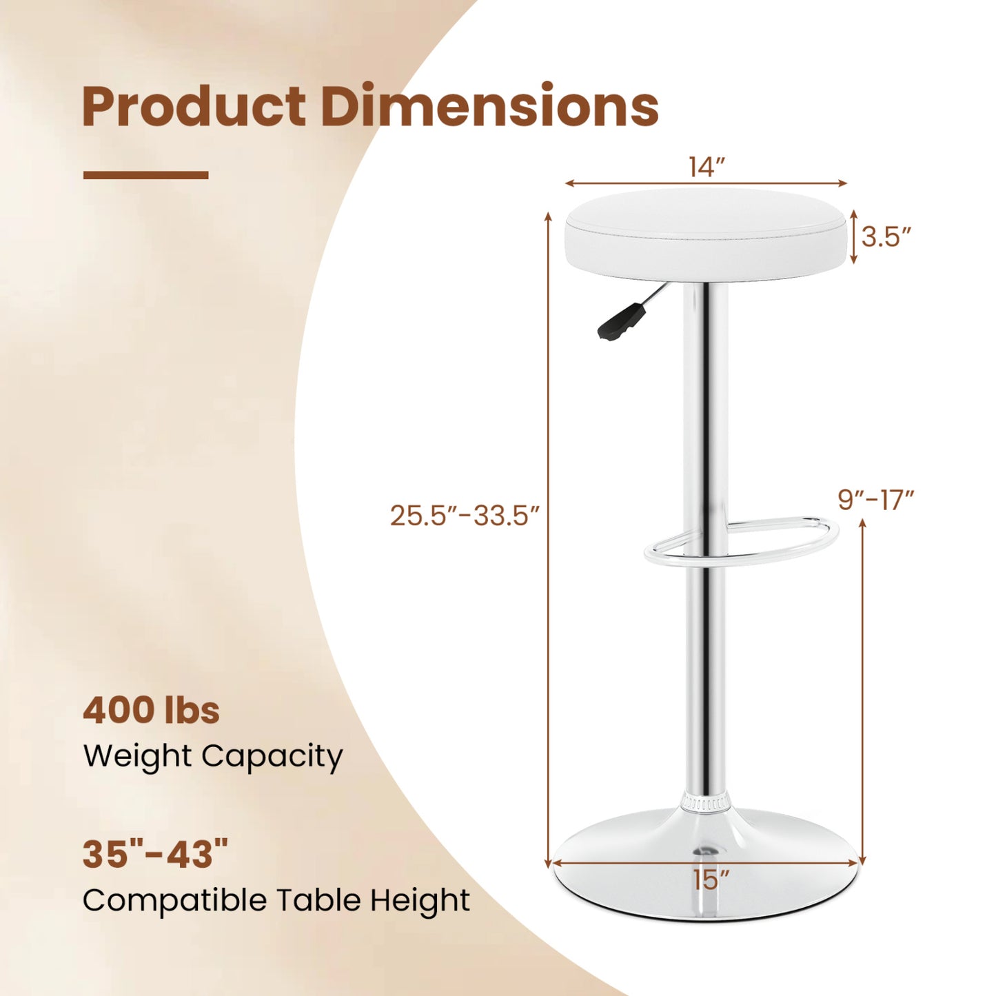 Adjustable Swivel Bar Stool with Footrest, 400 lbs Capacity