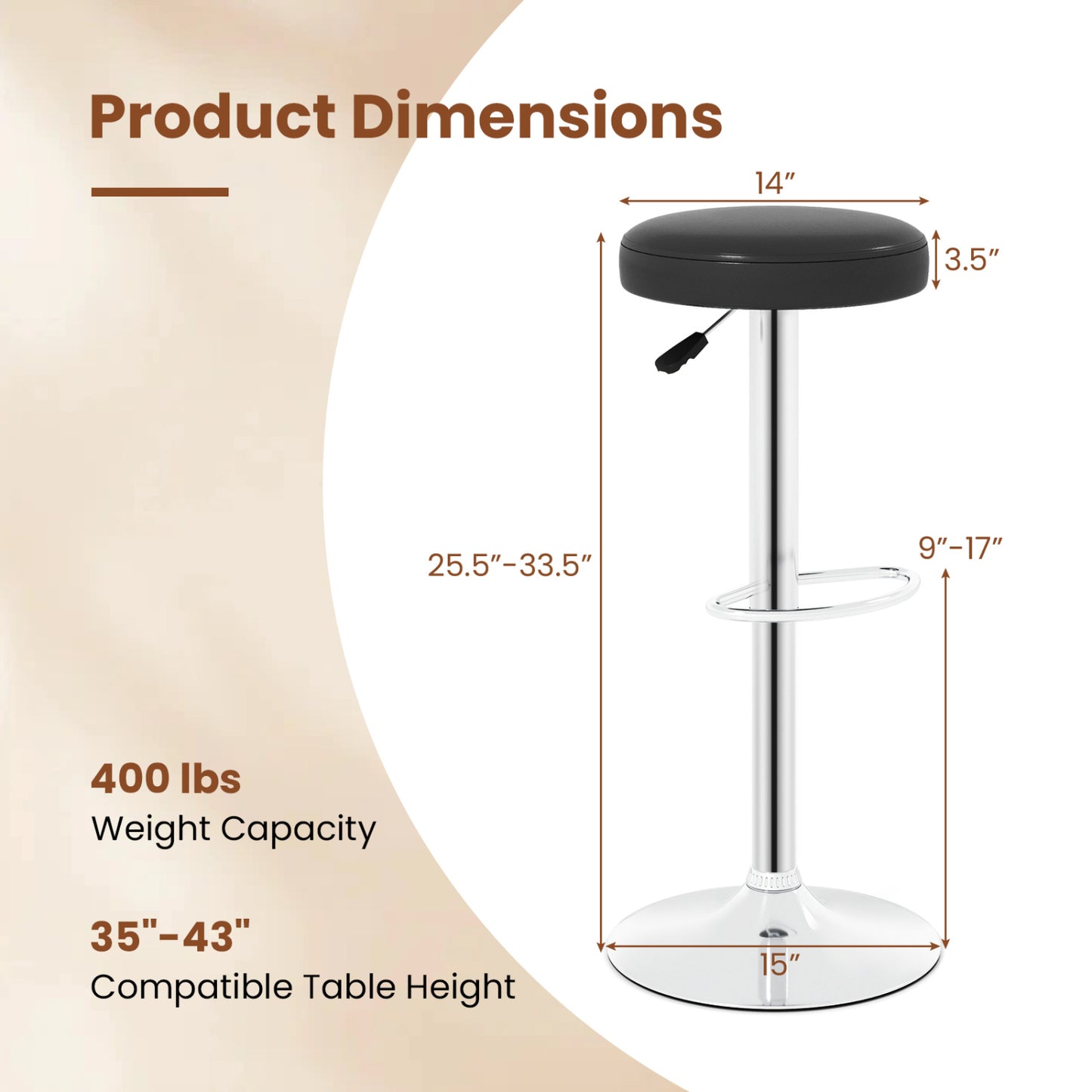 Adjustable Swivel Bar Stool with Footrest, 400 lbs Capacity