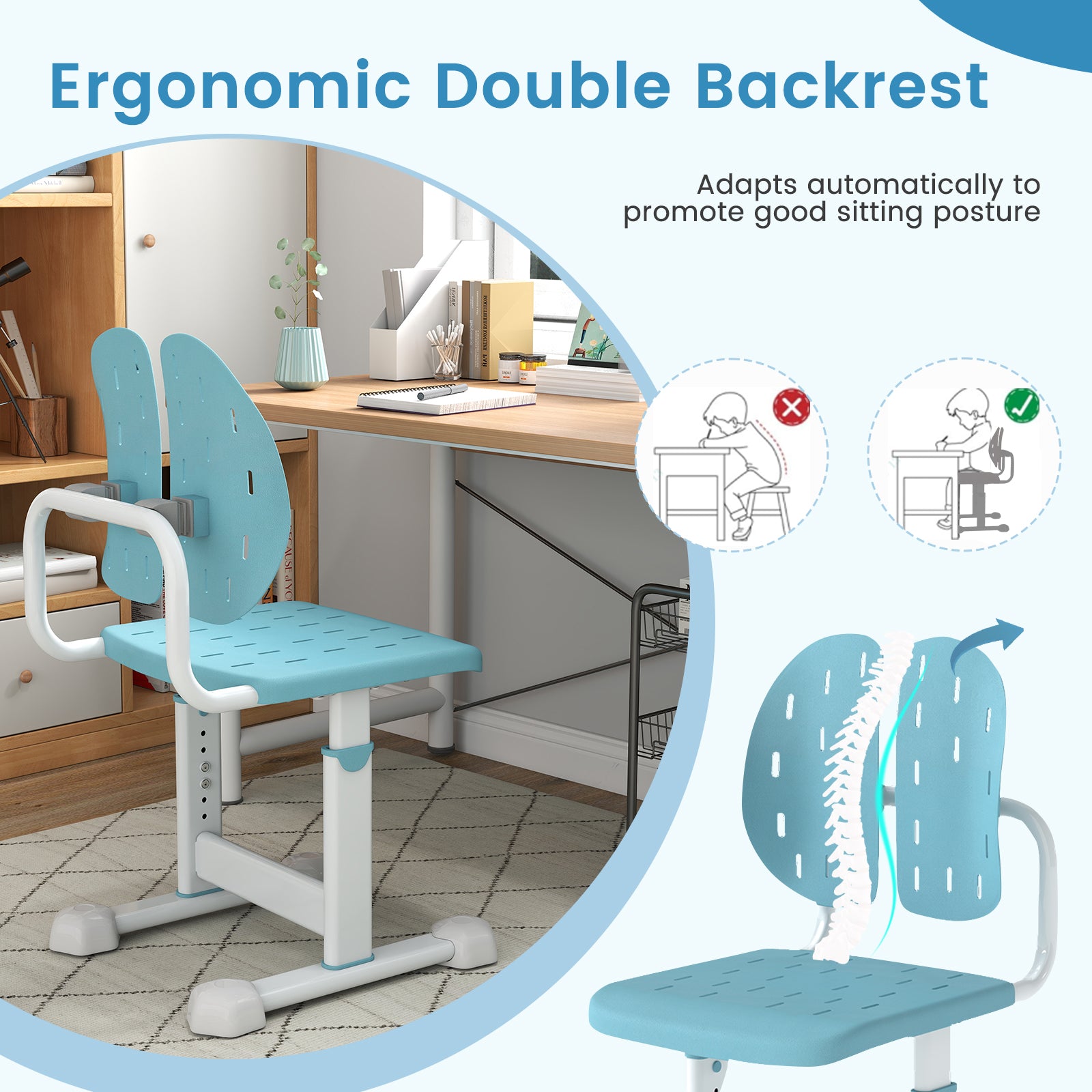Height-adjustable Kid's Study Chair with Double Back Support and Breathable Seat for 3+ Years Old-Blue