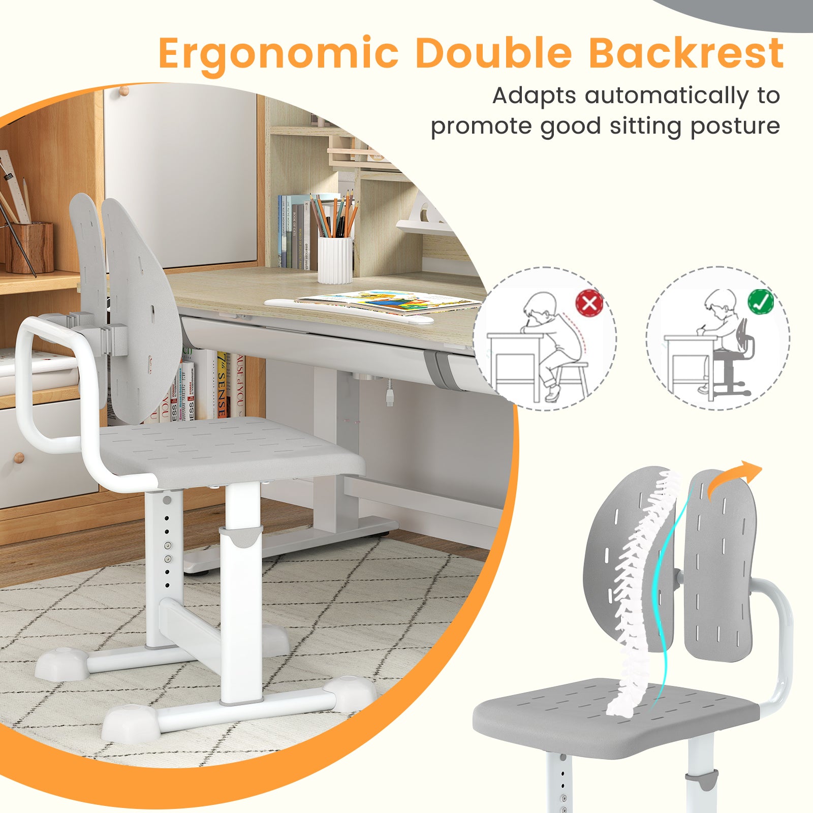 Height-adjustable Kid's Study Chair with Double Back Support and Breathable Seat for 3+ Years Old-Gray