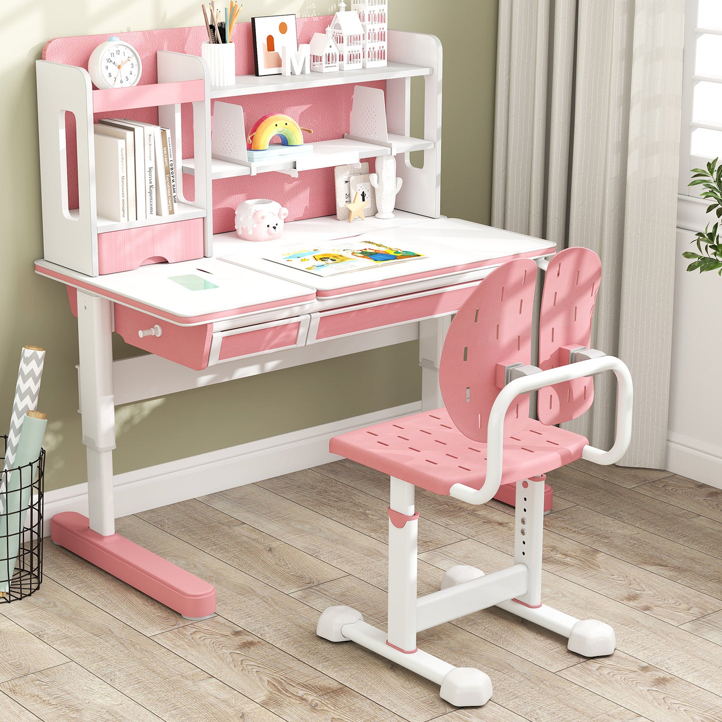 Height-adjustable Kid's Study Chair with Double Back Support and Breathable Seat for 3+ Years Old-Pink